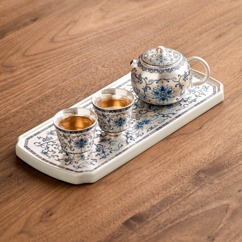 Bộ ấm trà bạc Fuyun Nian Lian mạ bạc một ấm hai cốc ấm trà sang trọng nhẹ cao cấp tách trà hộp quà tân gia