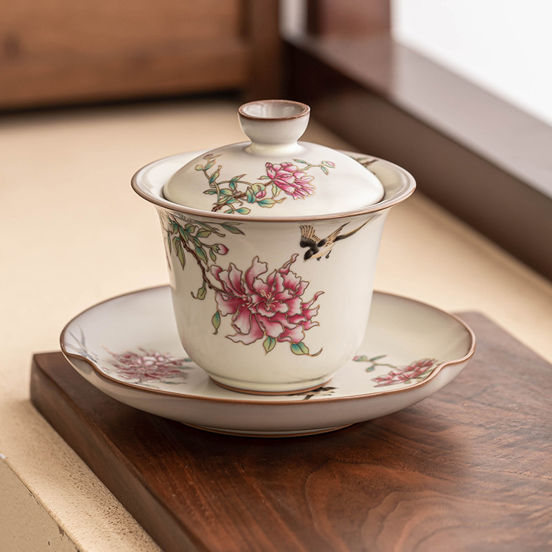 Cốc trà cốc trà bát trà hoa mẫu đơn đông mỡ lợn có nắp pha trà sứ gia dụng