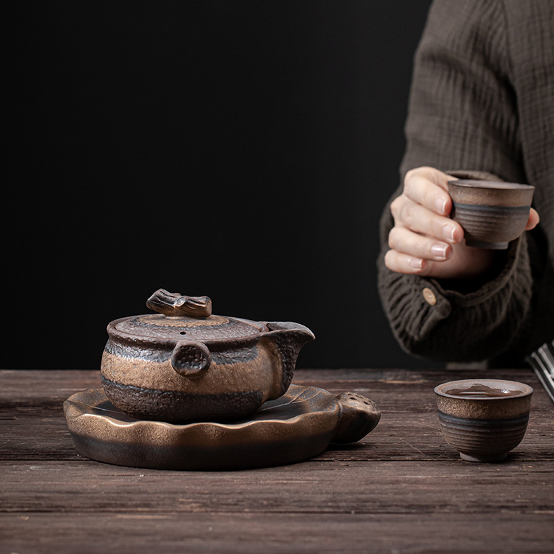 Nồi cầm tay tráng men mạ vàng kiểu Nhật, bát có nắp gốm thô cổ điển, ấm trà Kung Fu gốm sứ, bát pha trà Pu'er