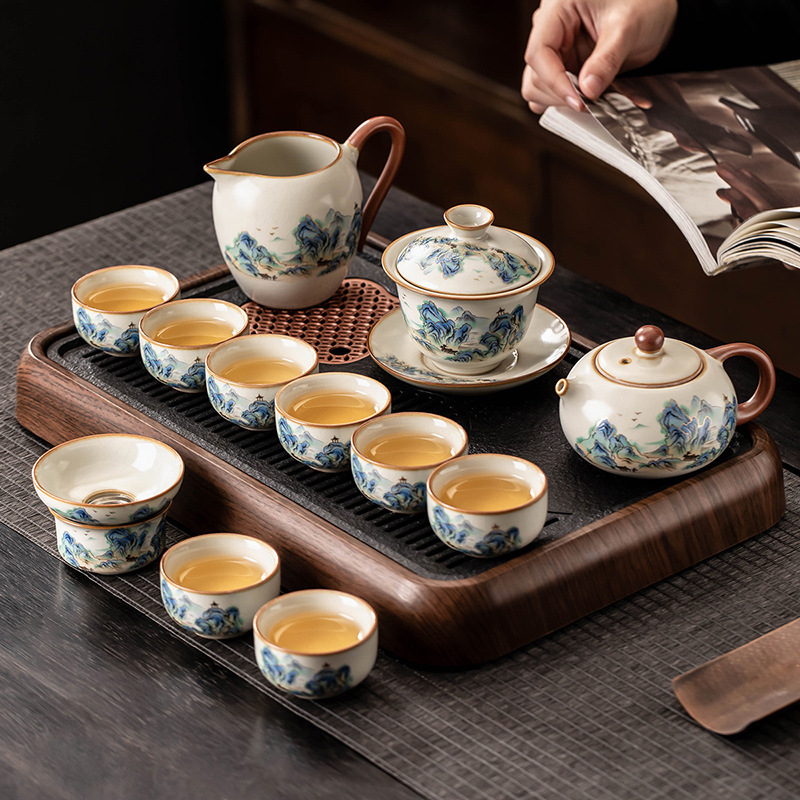 Bộ trà Ruyao Kung Fu dùng trong gia đình, tách trà gaiwan bằng gốm có thiết kế openwork, thích hợp pha trà, bộ pha trà cao cấp nhẹ nhàng sang trọng.
