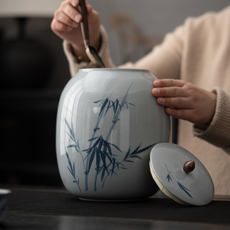 Bình đựng trà trắng xanh vẽ tay tráng men, bình đựng trà gốm sứ chống ẩm kín, dụng cụ đựng trà Kung Fu gia dụng, Bình Đựng Trà