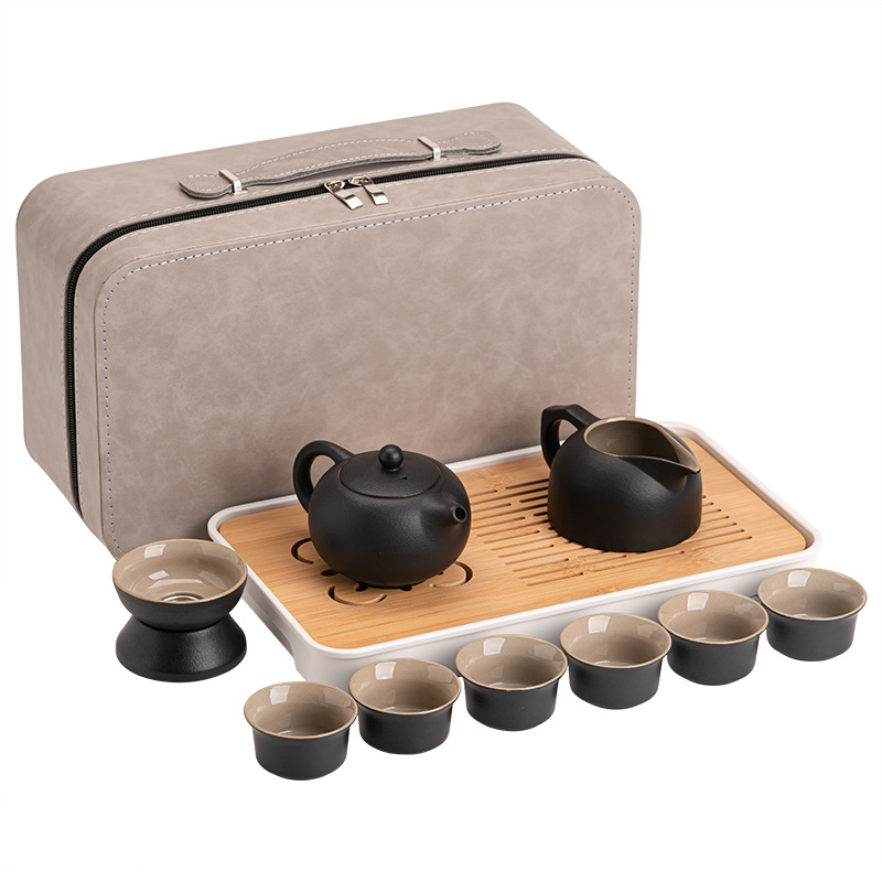 Bộ trà Kung Fu du lịch Nhật Bản bộ nhỏ ấm pha trà cao cấp gia dụng cốc trà gốm sứ khay trà ngoài trời túi xách tay