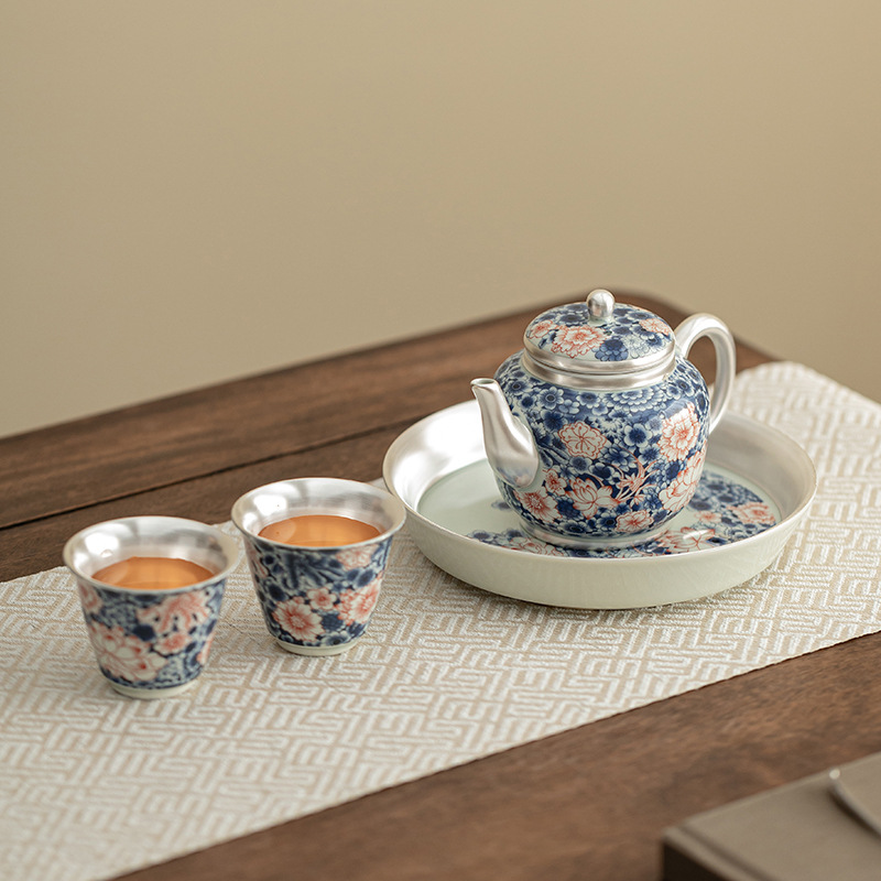 Bộ ấm trà hoa sen xanh trắng mạ bạc bộ ấm trà gốm sứ kiểu Trung Quốc ấm trà bộ trà pha trà tặng quà gia dụng dụng cụ pha trà Kung Fu