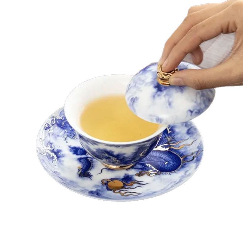 Huang Xudong màu phấn vẽ tay màu xanh sapphire họa tiết rồng phủ bát handmade gốm trà trà phủ bát quà tặng lưu niệm