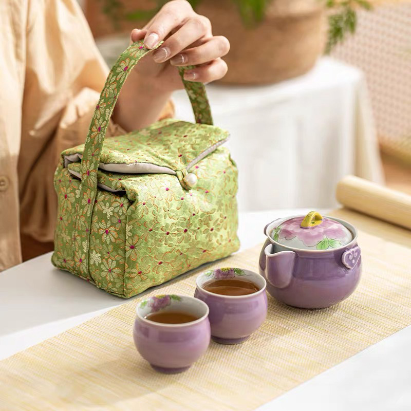 Bộ trà Kung Fu hoa mẫu đơn tím vẽ tay thực vật màu xám men màu một bình hai cốc bộ đồ du lịch gốm sứ gia dụng