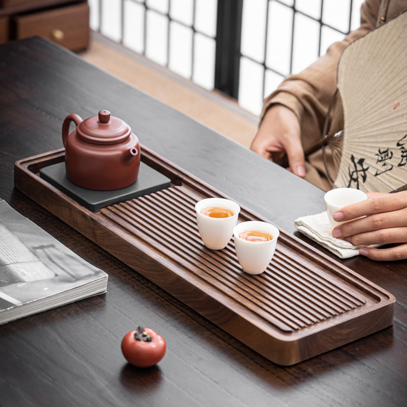 Khay pha trà gỗ mun Gỗ Óc Chó khay pha khô khay pha trà hình chữ nhật gỗ rắn văn phòng gia dụng kiểu Trung Quốc mới khay pha khô thoát nước