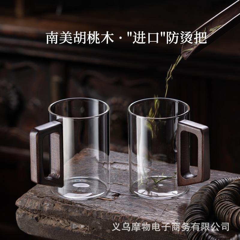 Bộ cốc nước ấm trà thủy tinh cao cấp kiểu Trung Quốc cốc pha trà đãi khách gia dụng cốc uống nước giá trị cao tay cầm gỗ chịu nhiệt đới