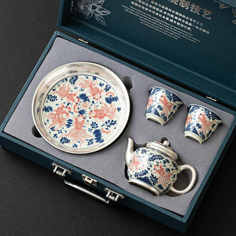 Bộ trà mạ bạc cá vàng chơi nước 999 hộp quà cao cấp một ấm hai chén ấm trà khay trà uống trà dụng cụ pha trà