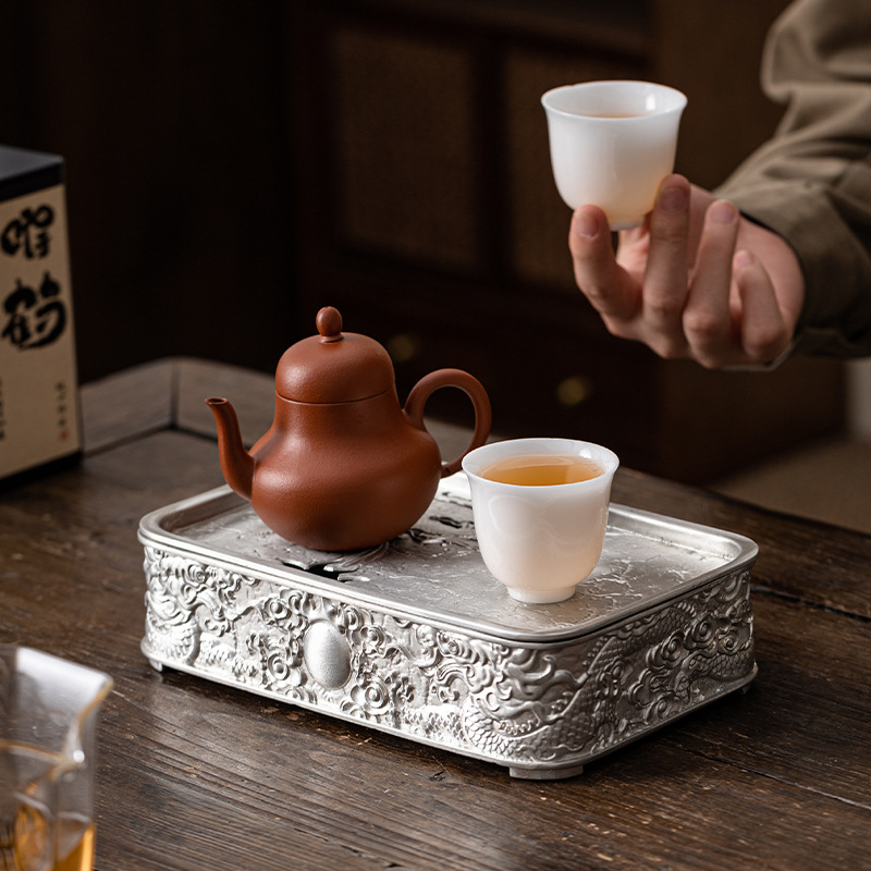 Di sản văn hóa phi vật thể quốc gia mới ấm thiếc hoa văn rồng nguyên chất bàn pha khô kiểu Trung Quốc khay trà nhỏ Bộ trà Kung Fu phụ kiện trà đạo