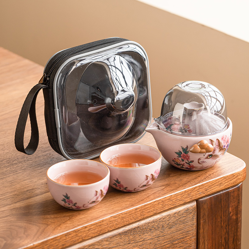 Jisu Ru lò hoa mèo Xiangyun cốc khách nhanh ngoài trời bộ trà du lịch di động có thể mở một ấm hai cốc