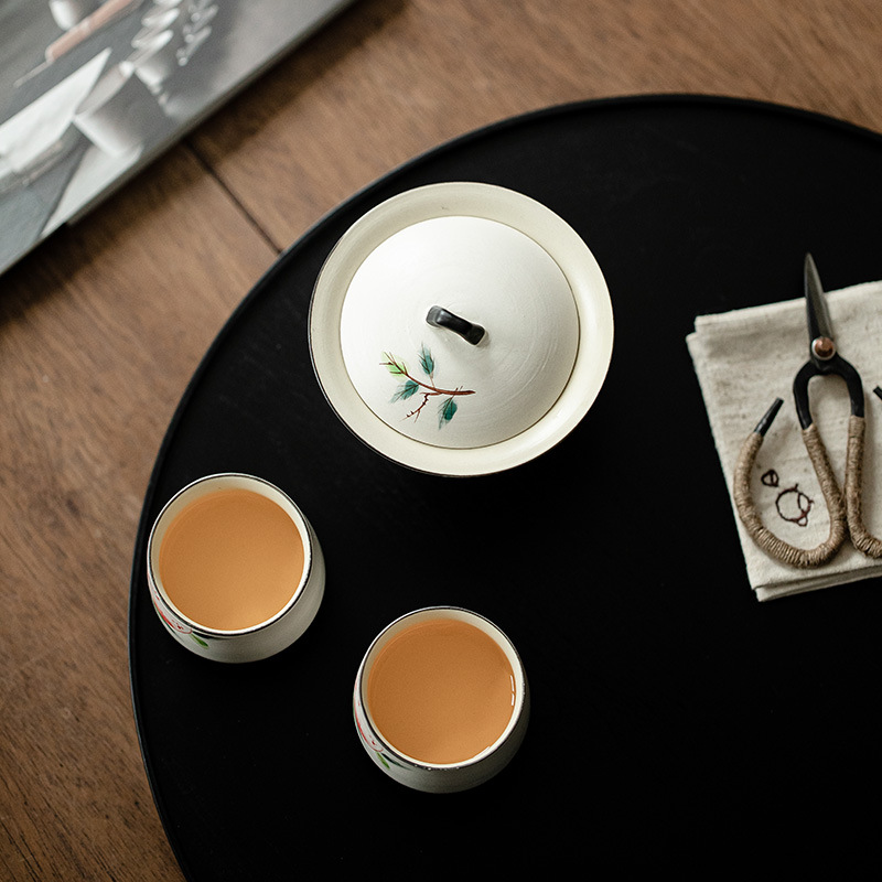 Wabi-Jifeng bột trích vẽ tay đào Trường Thọ móng ngựa Nắp bát gốm sứ hai Nắp bát lớn chén trà đá dụng cụ pha trà