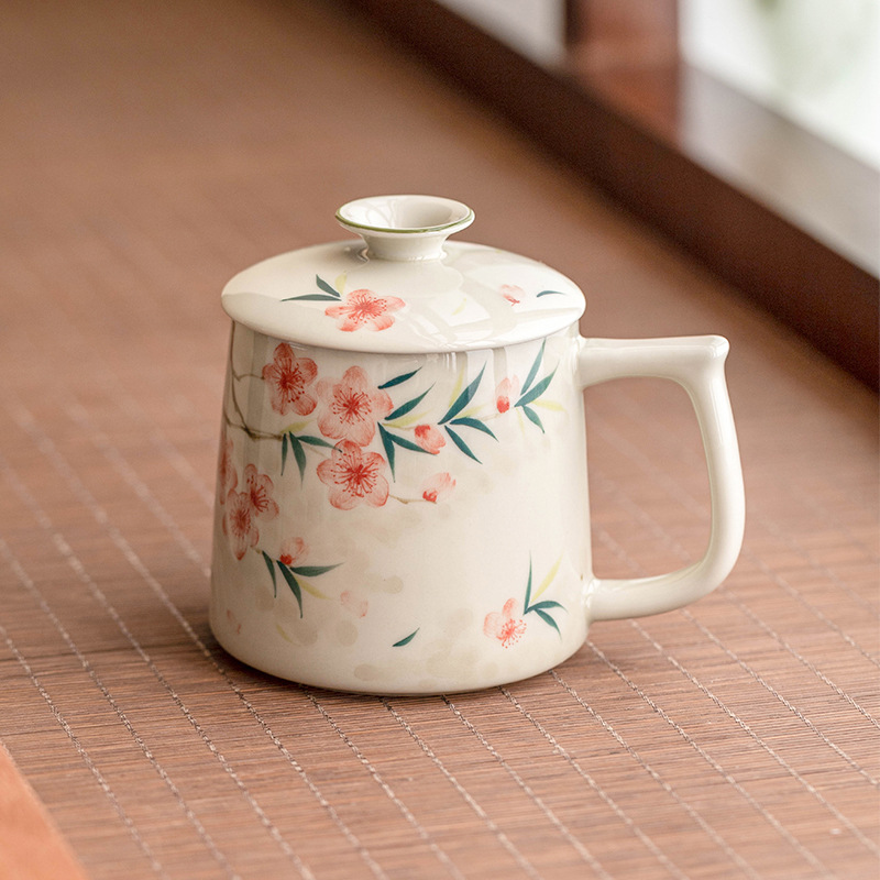 Cốc pha trà gốm sứ gia dụng vẽ tay có nắp cốc pha trà tách trà cốc văn phòng cao cấp tinh tế cốc nước