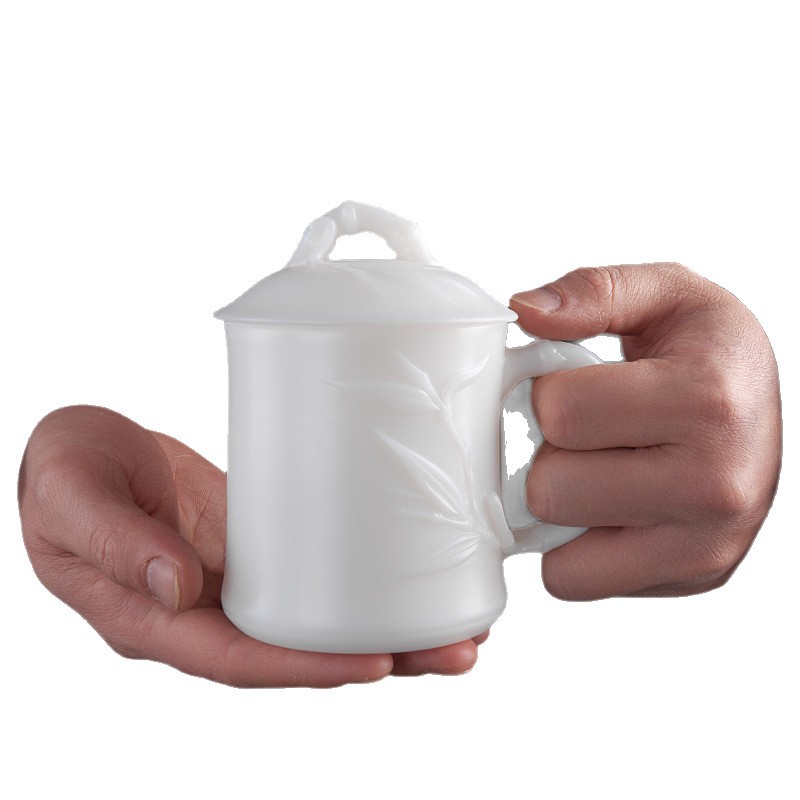 Ngọc cừu Ngọc Đức Hoa sứ trắng cốc văn phòng gốm sứ gia dụng cốc cá nhân có nắp cốc nước loại băng cao cấp Guo Zhibao