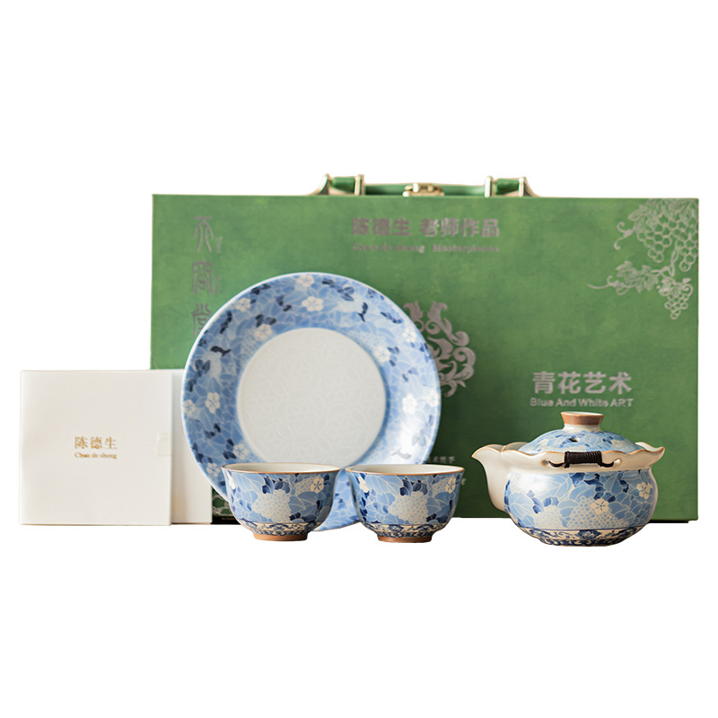 Bộ ấm chén sứ Ru Kiln xanh trắng, một ấm hai chén, quà tặng hộp quà