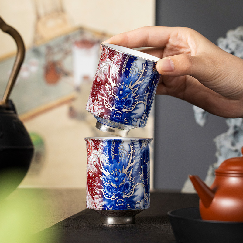 He Fusen Bảo tàng Cung điện Văn hóa và Sáng tạo Bộ trà cao cấp Rồng mạ bạc Bốn biển Quà tặng sinh nhật cho người lớn tuổi