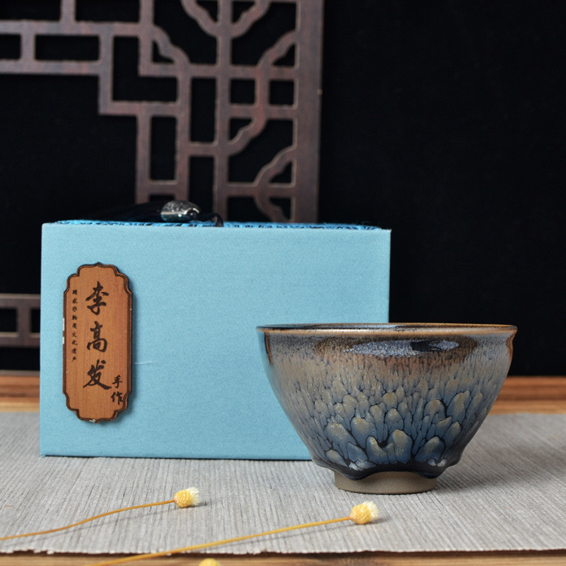 Tách trà thủ công bằng gốm Jianyang Jianzhan Li Gaofa, vẽ hoa mẫu đơn bằng mực, lò nung Jian, làm bằng gỗ, bộ trà Kung Fu, tách trà
