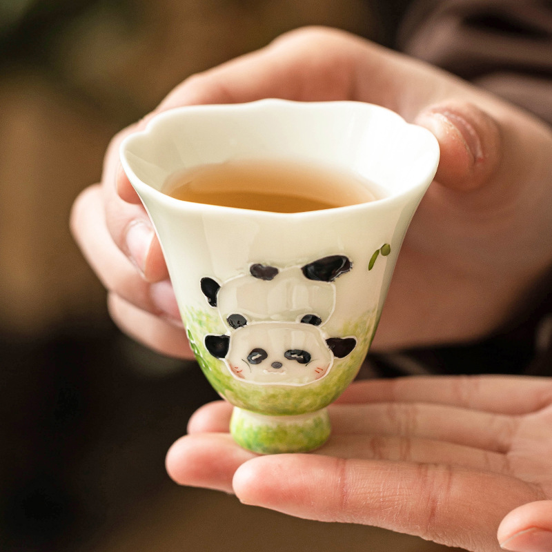 Chén trà gốm sứ, chén vẽ tay, chén chạm khắc hình kim cương gấu trúc, cốc chủ nhân cá nhân cao cấp, tách trà, tách trà