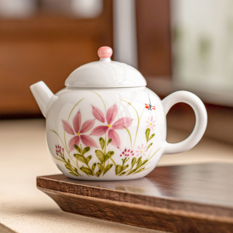Ấm trà nhỏ bằng gốm sứ tinh tế, ấm trà gia dụng có giá trị cao, ấm trà đơn lọc chuồn chuồn hoa cúc vẽ tay, bộ trà Kung Fu đơn