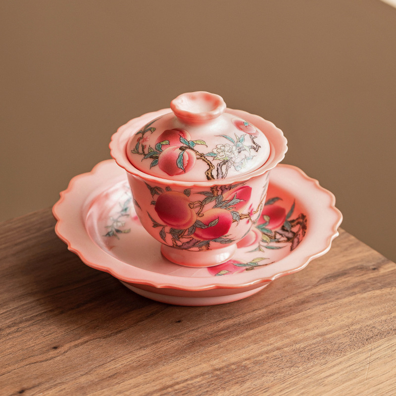 Bát có nắp chín đào màu hồng, cốc trà gốm sứ, bát trà đơn có nắp cao cấp cổ điển kiểu Trung Quốc cỡ lớn phục vụ khách gia đình