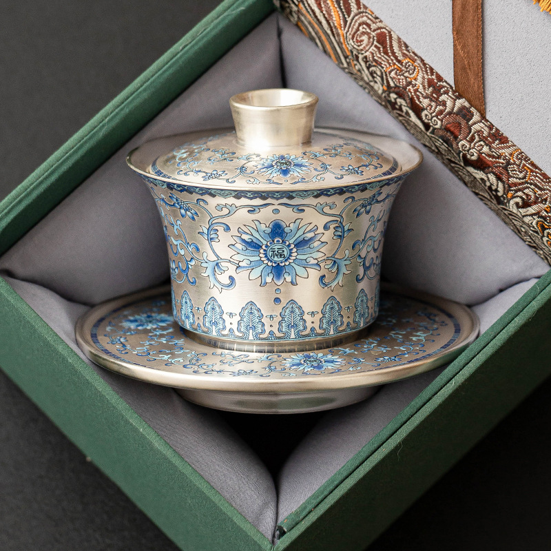 Bộ ấm trà mạ bạc Fuyun Nian Lian mạ bạc gốm sứ ba tài năng nắp cốc trà túi du lịch cắm trại di động một bát hai cốc