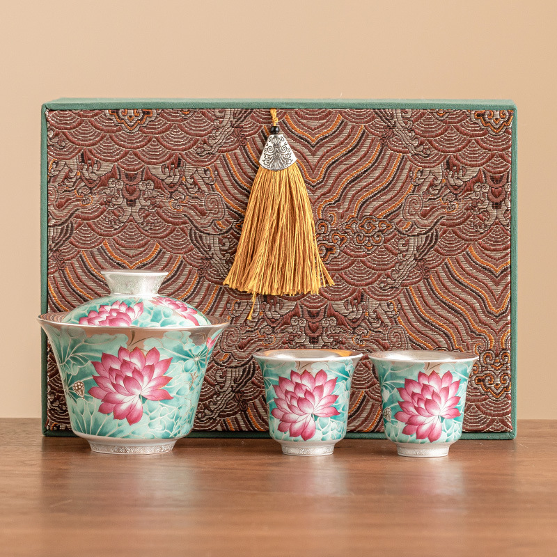 Bộ ấm chén trà Kung Fu gốm sứ cao cấp mạ vàng 999, họa tiết ao sen ánh trăng, 1 chén 2 tách, quà tặng