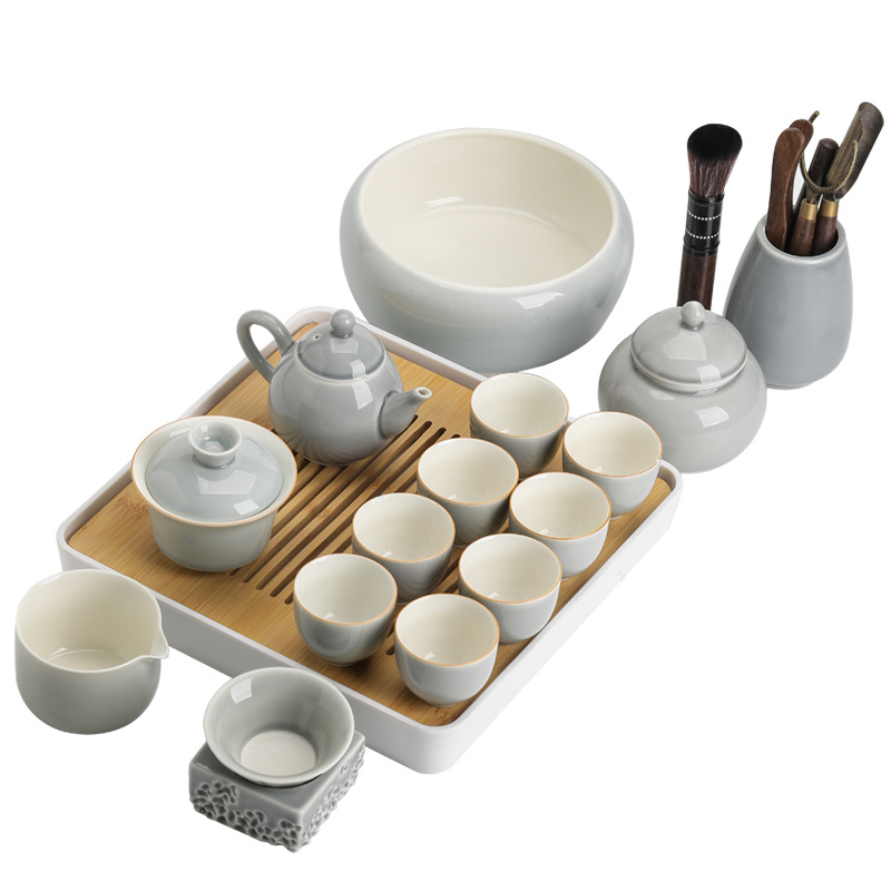 Bộ dụng cụ pha trà Kung Fu tráng men màu xám đá Khay trà kiểu Nhật đựng nước cốc trà gốm sứ ngoài trời gia dụng nguyên Bộ pha trà