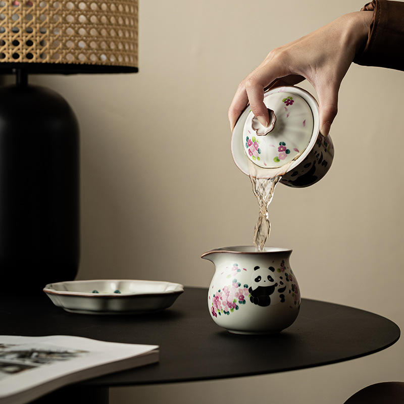 Bát có nắp ba gấu trúc Ru lò cổ, bát pha trà gia dụng không nóng, bộ trà Kung Fu chuyên dụng cho nữ, bát trà gốm sứ