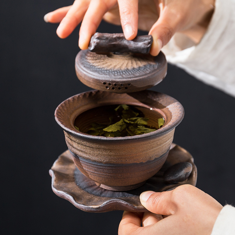 Gốm thô gốm sứ ba tài có nắp Bộ ấm cầm tay cốc trà cỡ lớn đơn Bộ trà Kung Fu bán buôn trà