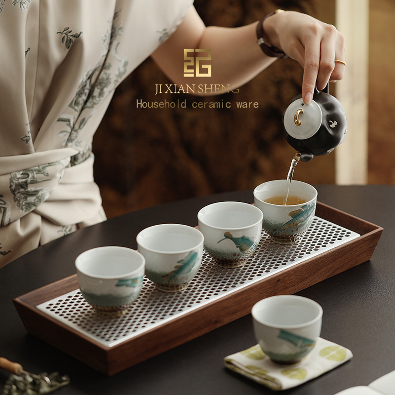 Guochao Yaobian Wufu Tea Cup Master Cup Set Home Tiệc tùng Gia đình Chén trà Tiệc mừng sinh nhật cho người lớn tuổi Quà lưu niệm tân gia