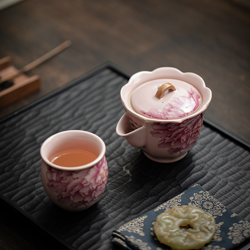 Ấm cầm tay miệng hoa mẫu đơn lò Ru màu hồng dụng cụ trà Kung Fu gốm sứ gia dụng ấm đơn dành riêng cho nữ làm quà tặng