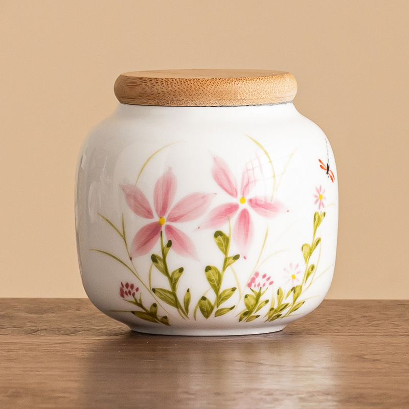 Vẽ tay lọ trà hoa cúc chuồn chuồn lọ gốm sứ lọ nhỏ kín khí lọ chống ẩm hộp đựng trà cầm tay lọ rỗng