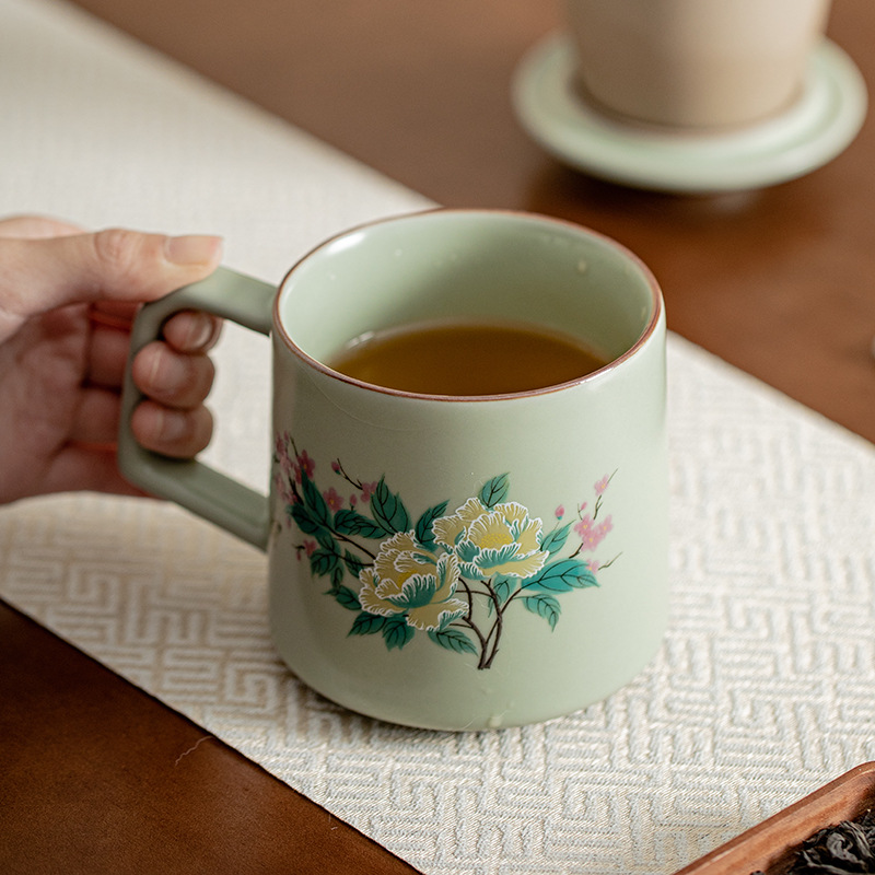 Màu xanh lá cây Ruyao Furong cốc văn phòng hộp quà cốc gốm sứ gia dụng cốc tách trà chuyên dụng cá nhân cốc pha trà