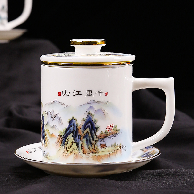 Cốc trà gốm sứ ngọc bích mỡ cừu Hàng Ngàn Dặm Giang Sơn Cốc văn phòng có nắp đế cốc Đức Hoa sứ trắng cốc nước văn phòng
