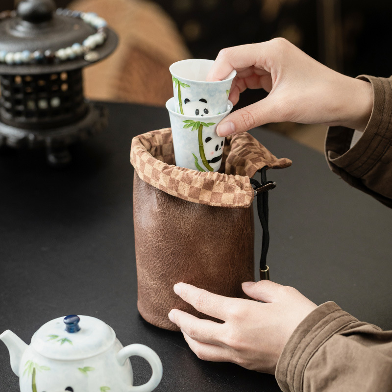 Túi da tháo nhanh màu cà phê tối giản Bộ trà du lịch dây rút kiểu Trung Quốc Túi lưu trữ chống va chạm Túi đựng trà ngoài trời sự kiện da