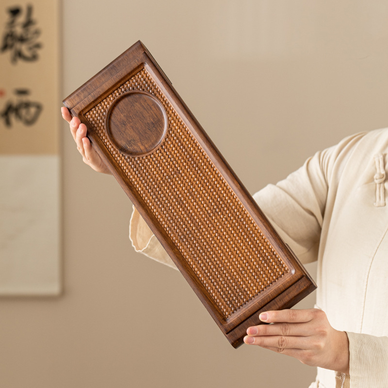 Khay trà nhỏ CuộN tre nặng kiểu Trung Quốc bàn trà Kung Fu hình chữ nhật chiếu tre hoa văn phụ kiện trà đạo pha khô