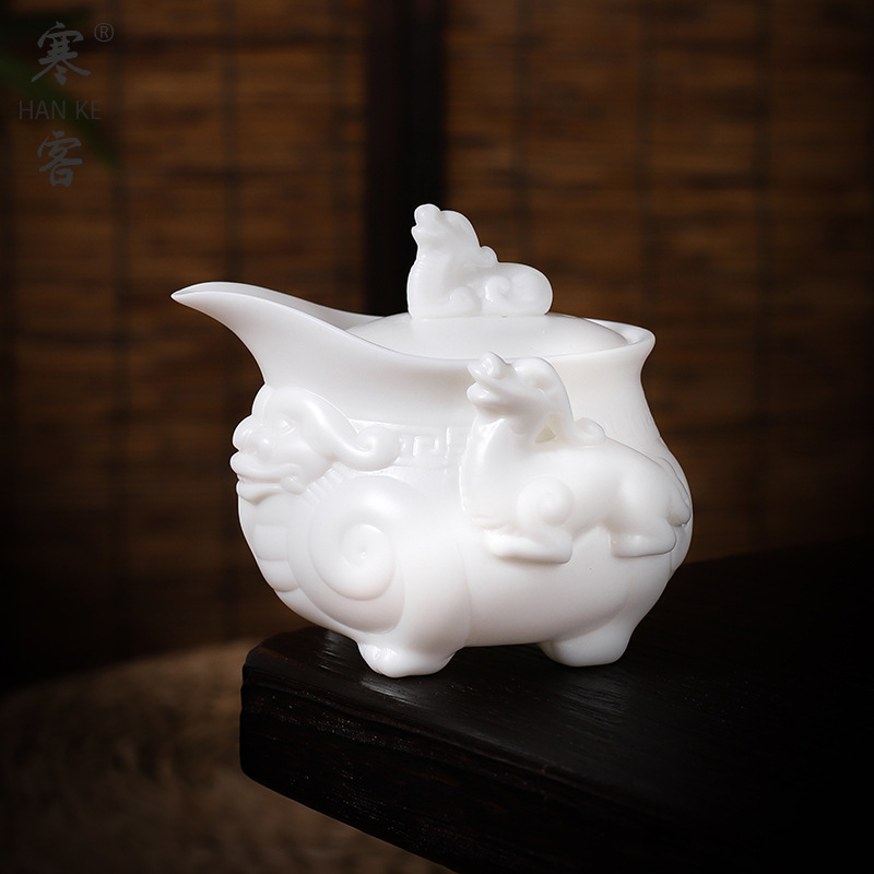 Bộ ấm chén trà Kung Fu sứ ngọc bích cao cấp cầm tay Guo Zhibao, quà tặng cấp bậc thầy, họa tiết Pixiu, màu trắng Trung Quốc