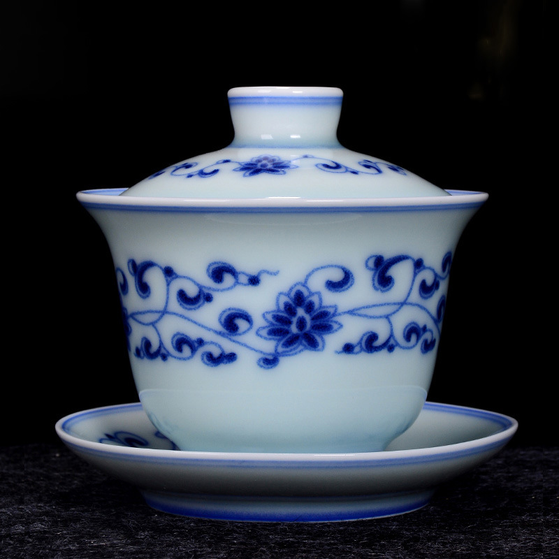 Bát có nắp tam tài Bộ trà thủ công cốc trà Kung Fu sứ trắng xanh một chiếc cốc trà sứ mỏng đầy màu sắc