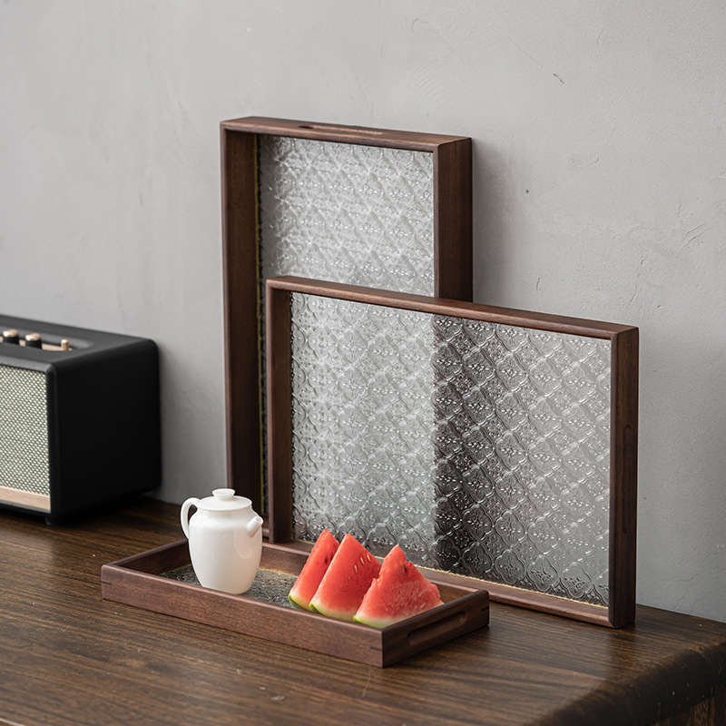 Khay kính lưới cửa sổ gỗ óc chó Khay trà hình chữ nhật nhỏ khay đựng cốc gia dụng khay đựng đồ ăn trái cây khay ăn