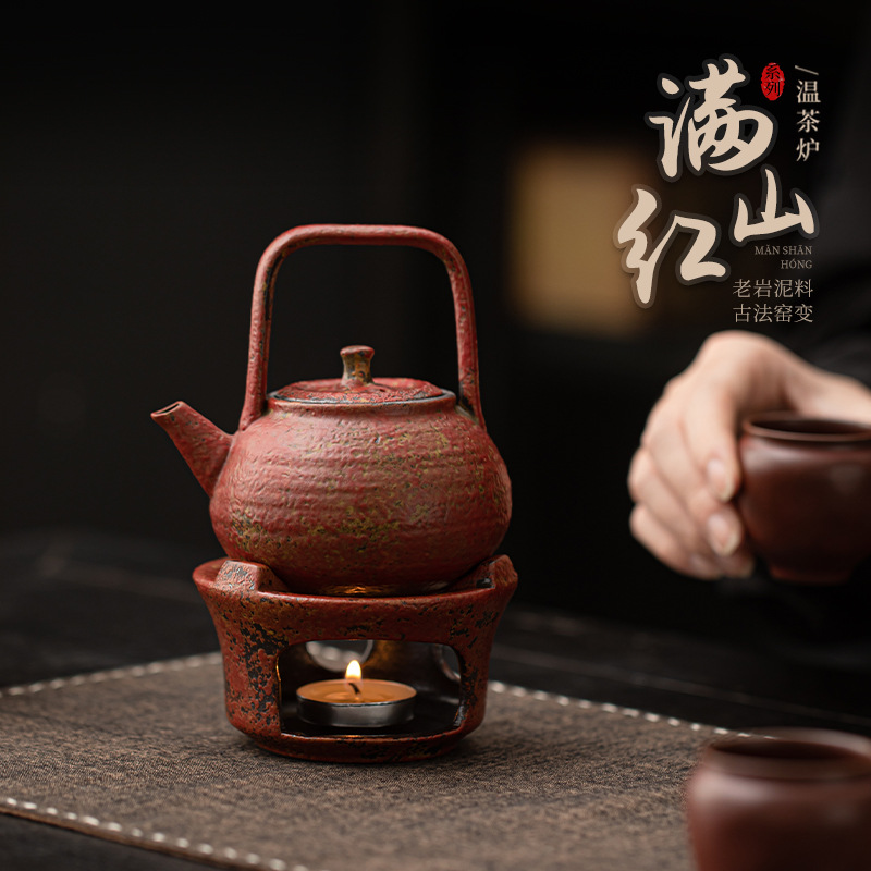 Ấm trà gốm mộc mạc cổ điển có đế sưởi bằng nến để sử dụng tại nhà và văn phòng