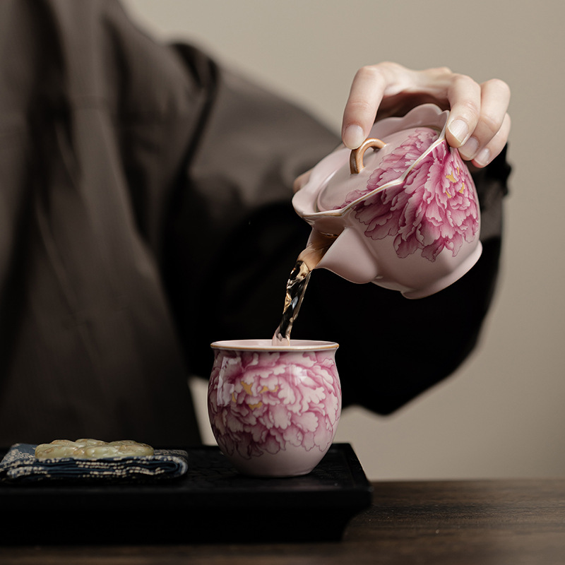 Ấm cầm tay miệng hoa mẫu đơn lò Ru màu hồng dụng cụ trà Kung Fu gốm sứ gia dụng ấm đơn dành riêng cho nữ làm quà tặng