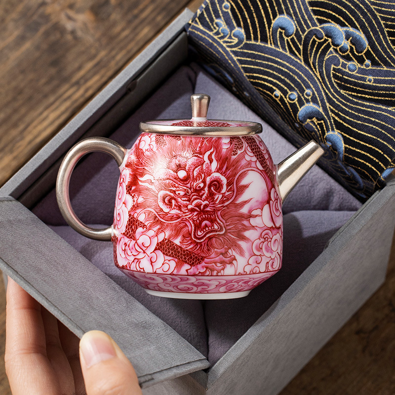 He Fusen mạ bạc carmine Dragon Four Seas Ấm trà Quà tặng sinh nhật cho cha mẹ và người lớn tuổi