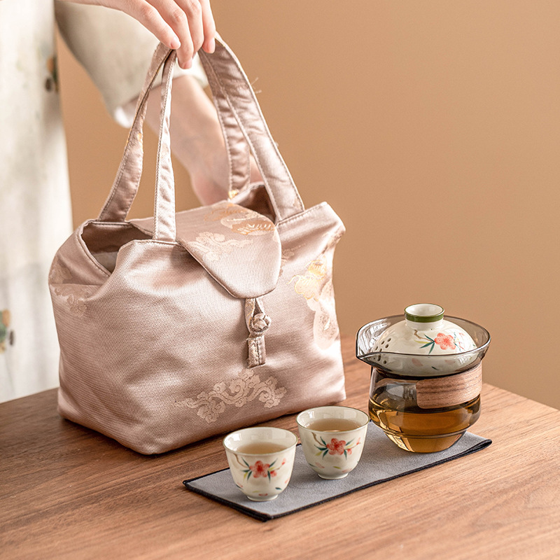 Bộ trà du lịch Kung Fu hoa đào vẽ tay Bộ trà pha trà tay chống bỏng ngoài trời cốc khách nhanh một ấm hai cốc Túi xách tay