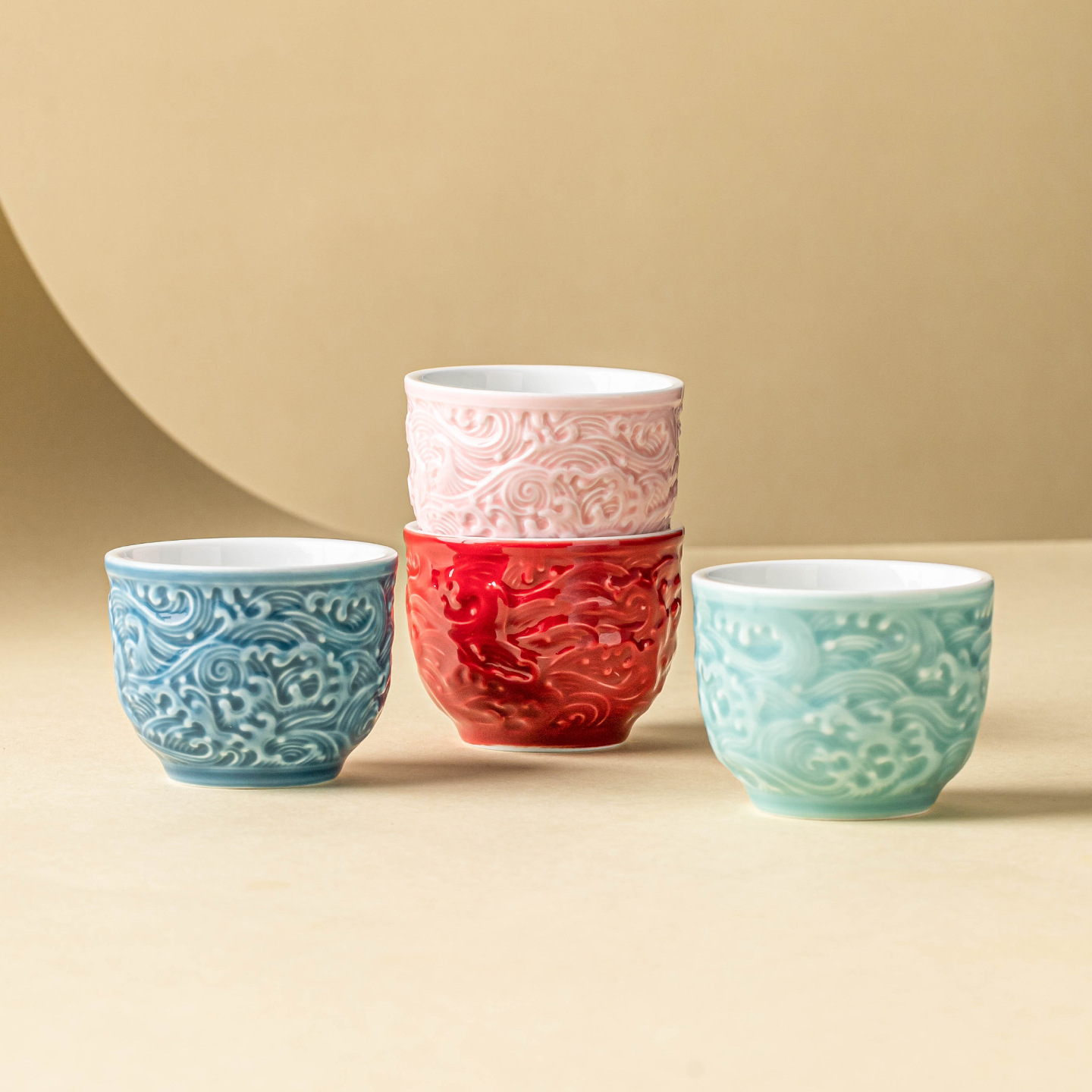 Cốc trà chạm nổi sóng Shuyun cốc chủ nhân cốc trà gốm sứ gia dụng Trung Quốc giá trị cao hộp quà chén trà tinh tế