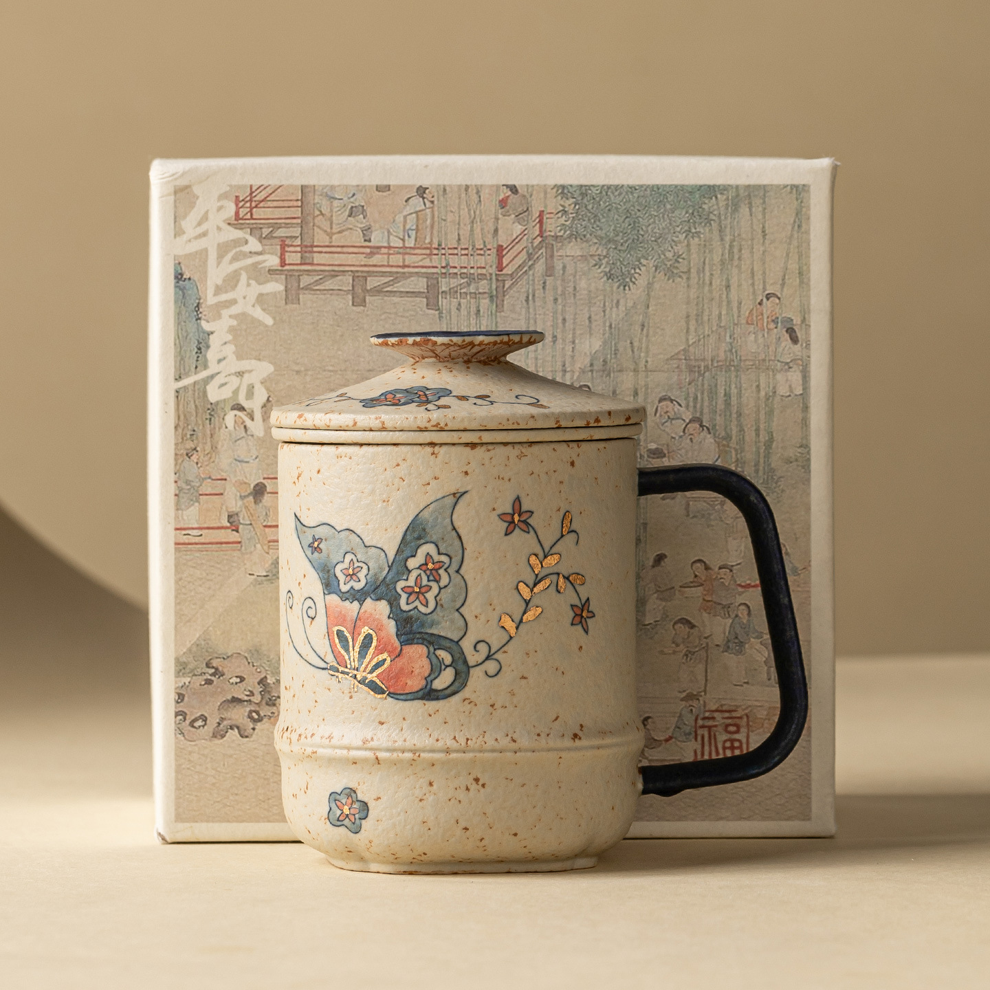 Nhà máy màu xanh và trắng đá lửa cốc uống trà màu đỏ bướm yêu hoa trà tách cốc gốm sứ cổ điển cốc nước có nắp