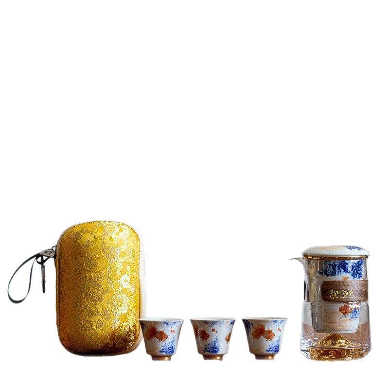 Bộ trà gốm sứ đồ sứ, bộ trà Kung Fu kiểu Trung Quốc, cốc khách nhanh gia dụng, một ấm ba cốc, túi đựng đồ xách tay du lịch