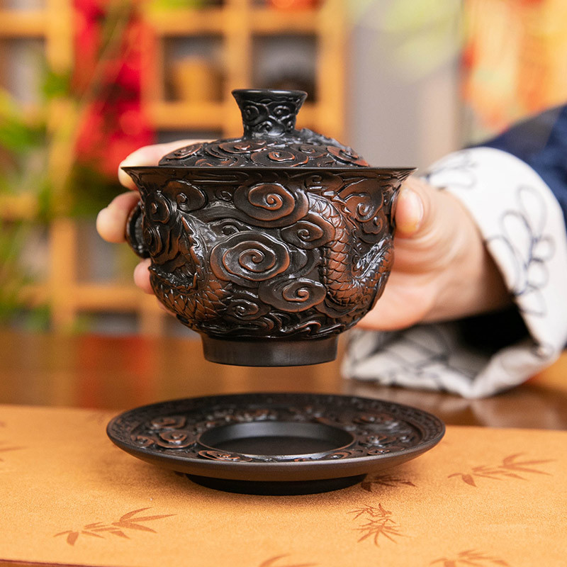 Bát nắp ba tài do gốm tím Tenglong treo hoàn toàn bằng tay đống bộ trà Kung Fu chạm khắc bát trà bát pha trà đơn cỡ lớn gia dụng