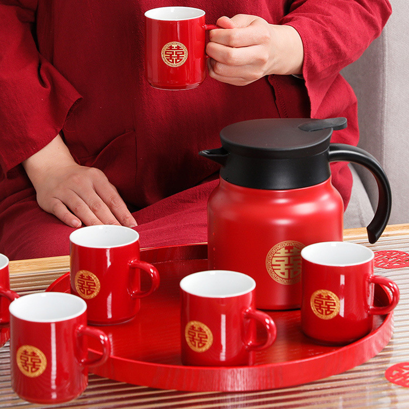 Bộ dụng cụ trà quà cưới Đóng gói đồ dùng cưới Ấm trà om gia dụng, tách trà gốm sứ, bộ trà, hộp quà