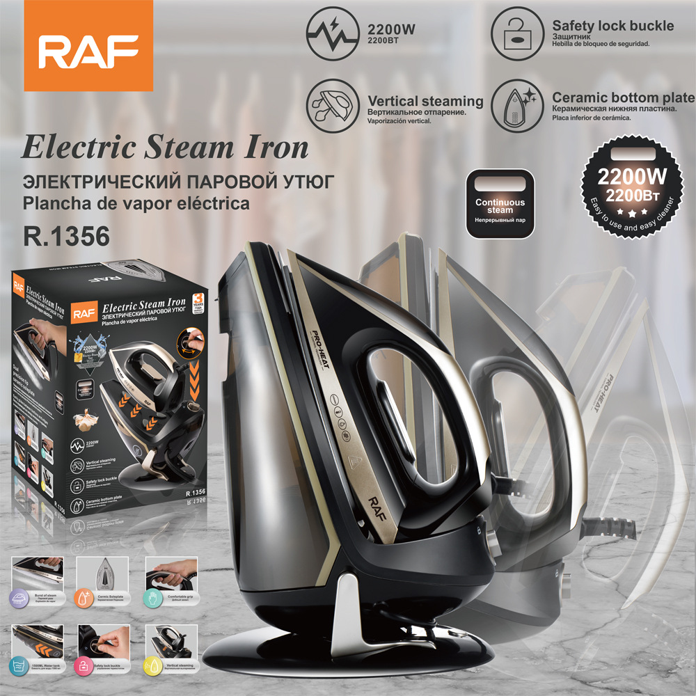 Bàn ủi điện 200w kiểu áp suất xuyên biên giới tiêu chuẩn Châu Âu RAF Bàn ủi hơi nước thẳng đứng Tấm đáy gốm R.1356