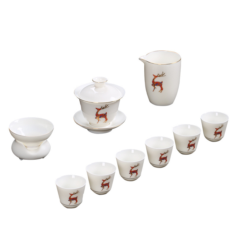 Bộ ấm trà Kung Fu bằng sứ ngọc cừu Bộ chén trà có nắp Gốm sứ gia dụng trọn bộ logo quà tặng doanh nghiệp trung thu