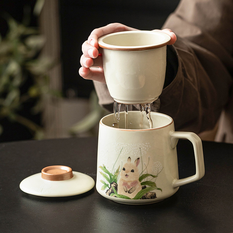Cốc pha trà thỏ bồ công anh Ru Kiln cốc tách trà cốc gốm sứ chuyên dụng cá nhân hộp quà có nắp